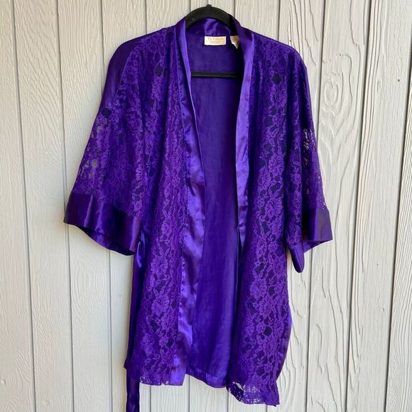 Vintage 1980s Victoria’s Secret Purple Lace & Satin Kimono Robe OS - Glam Linger - Picture 2 of 6